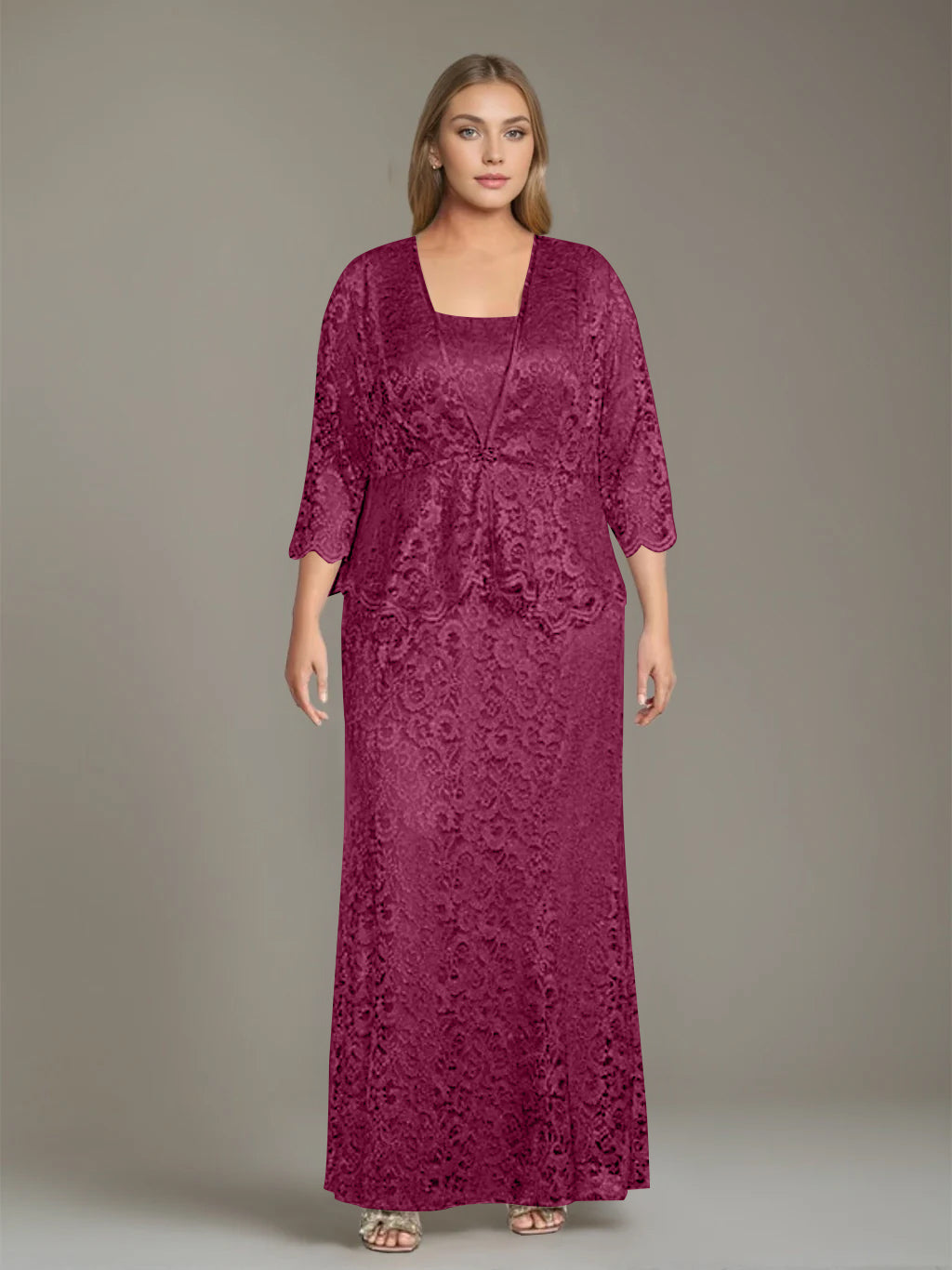 Plus Size 2-Piece Mother of the Bride Dress Set with Square Neck and Floor-Length Sheath
