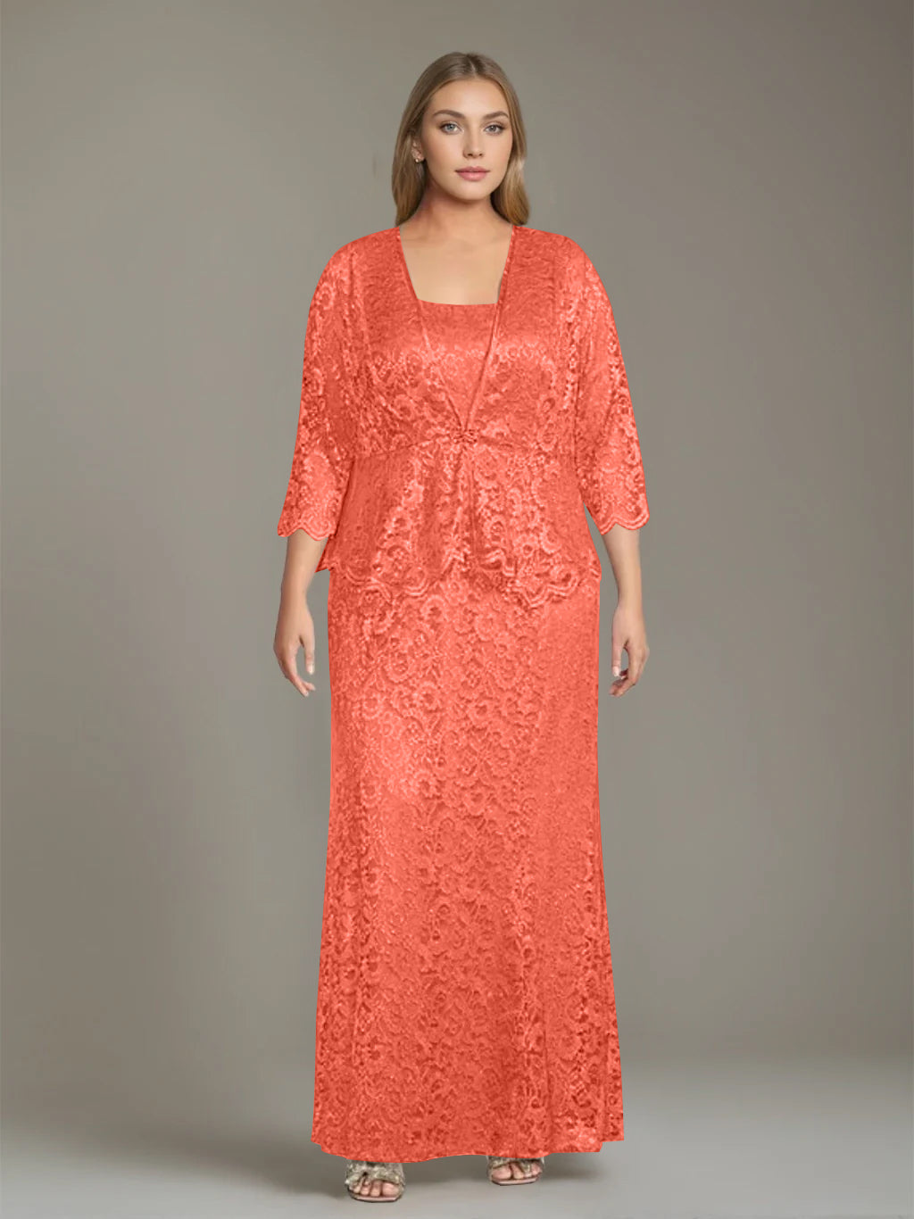 Plus Size 2-Piece Mother of the Bride Dress Set with Square Neck and Floor-Length Sheath