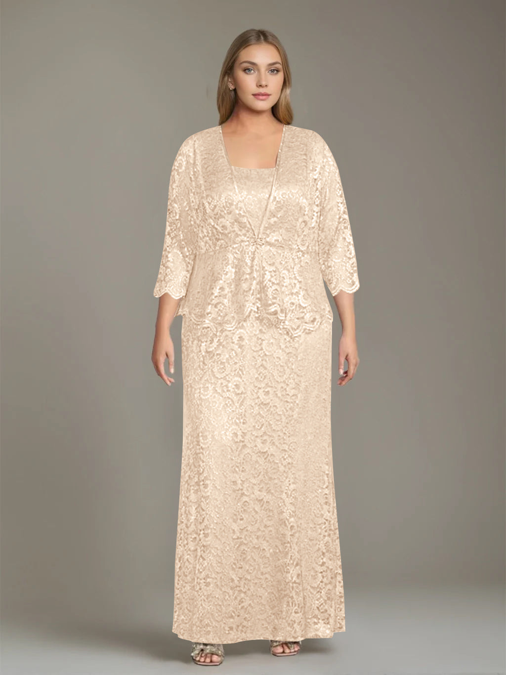 Plus Size 2-Piece Mother of the Bride Dress Set with Square Neck and Floor-Length Sheath