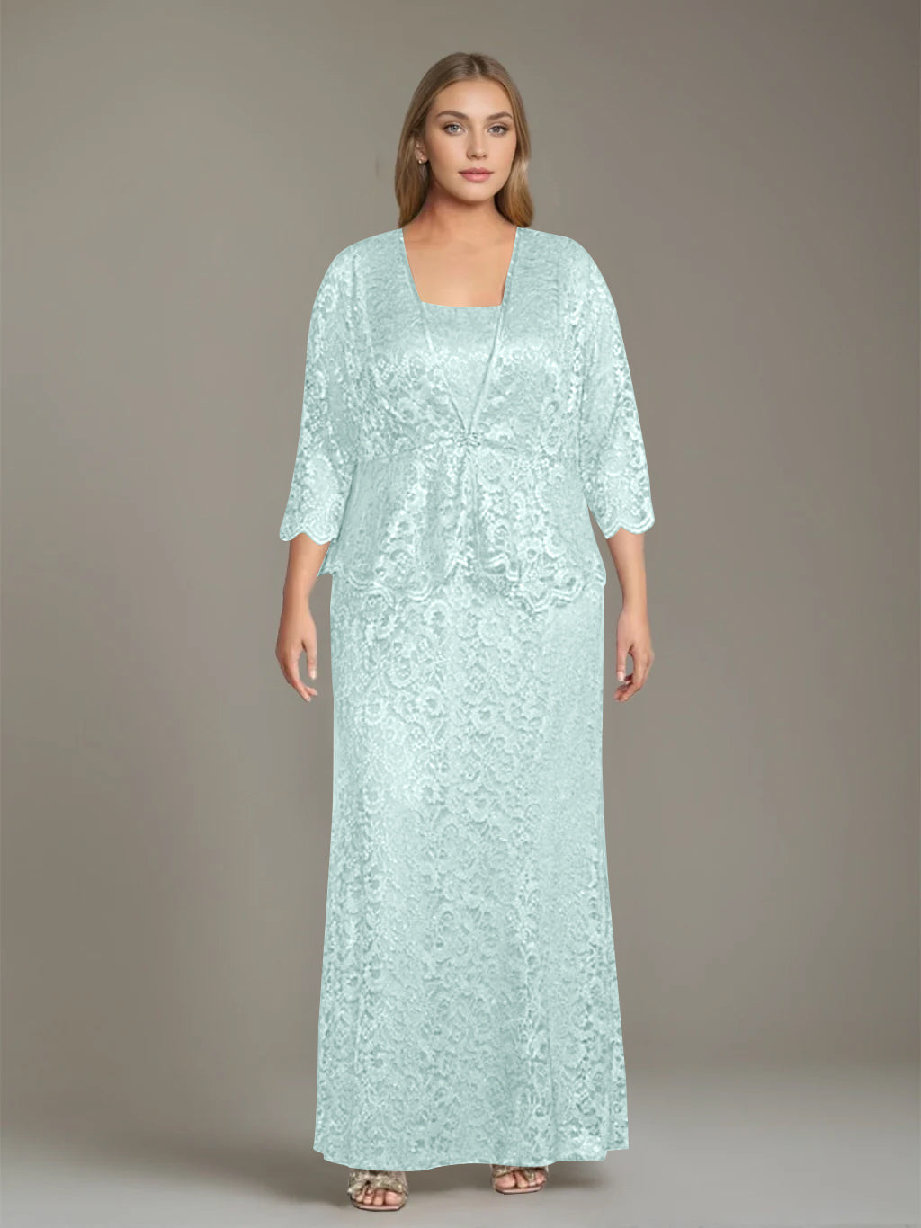 Plus Size 2-Piece Mother of the Bride Dress Set with Square Neck and Floor-Length Sheath