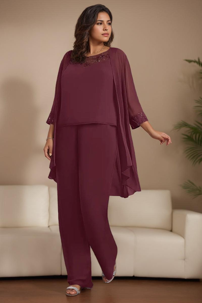 Plus Size 3-Piece Chiffon Pantsuit with Beaded Jacket Lace and Sequins for the Mother of the Bride