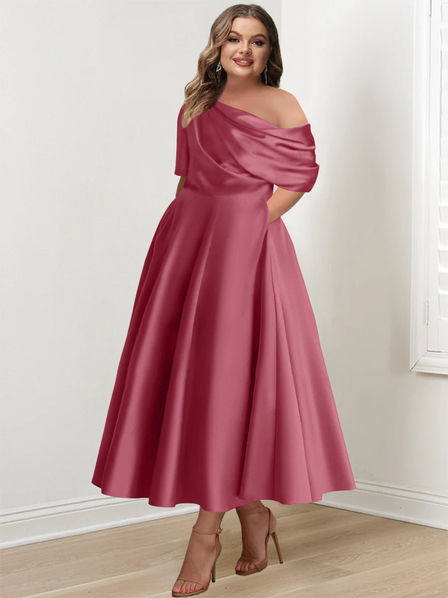 Plus Size A-Line Princess Ankle-Length One-Shoulder Mother of the Bride Dress with Ruffles and Half Sleeves
