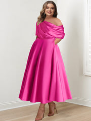 Plus Size A-Line Princess Ankle-Length One-Shoulder Mother of the Bride Dress with Ruffles and Half Sleeves