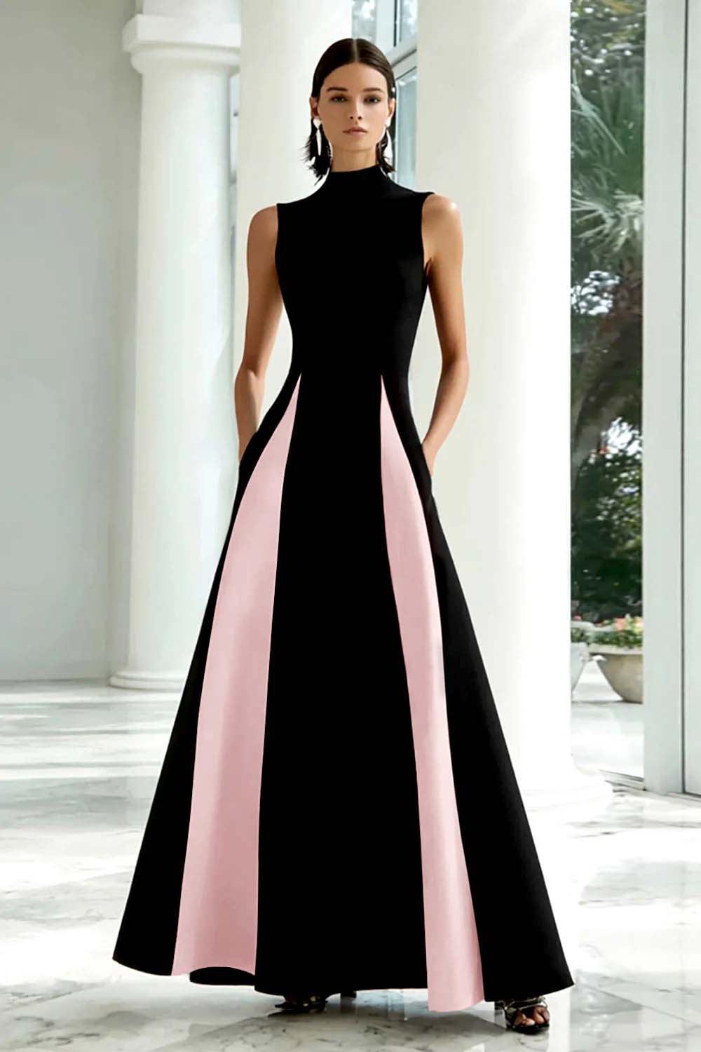 Plus Size Black And White A-Line High Neck Long Satin Prom Dress