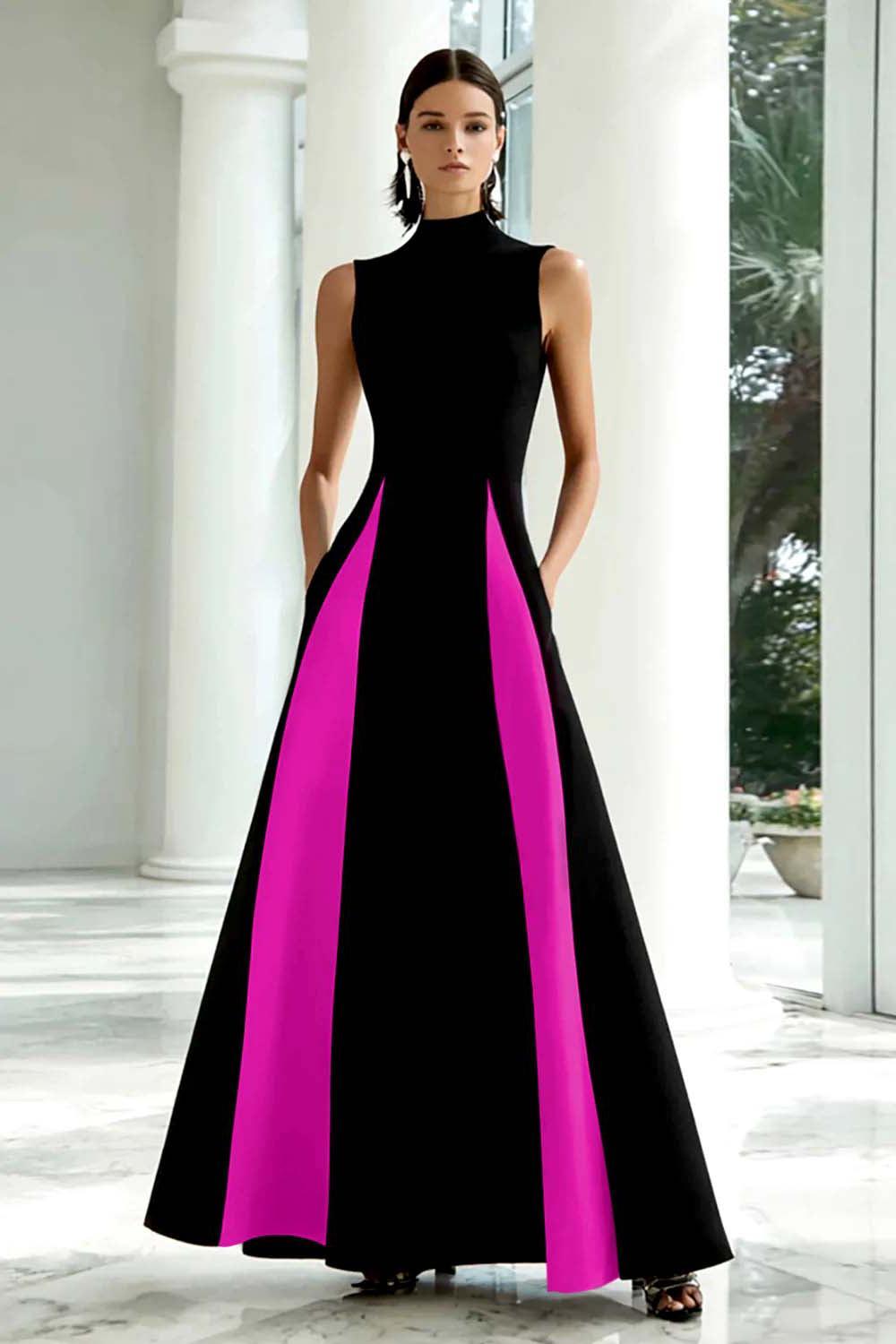 Plus Size Black And White A-Line High Neck Long Satin Prom Dress