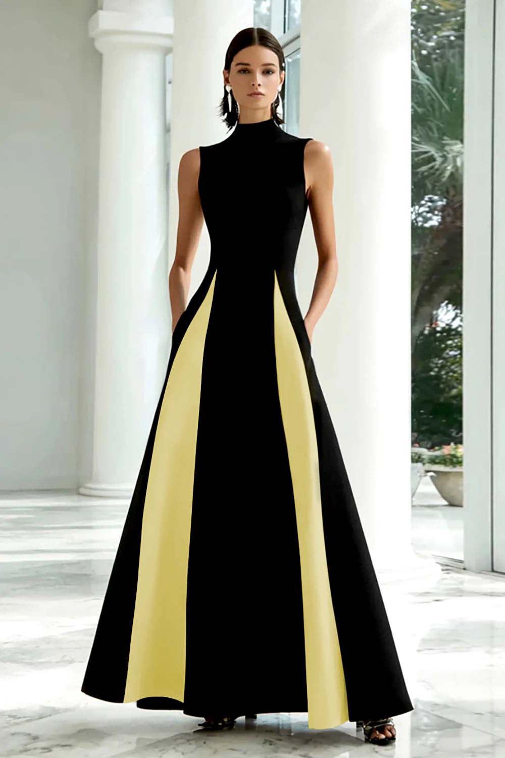 Plus Size Black And White A-Line High Neck Long Satin Prom Dress