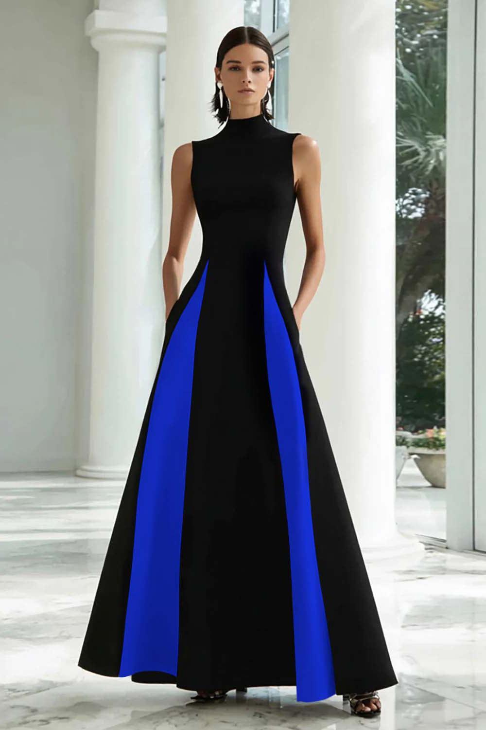 Plus Size Black And White A-Line High Neck Long Satin Prom Dress