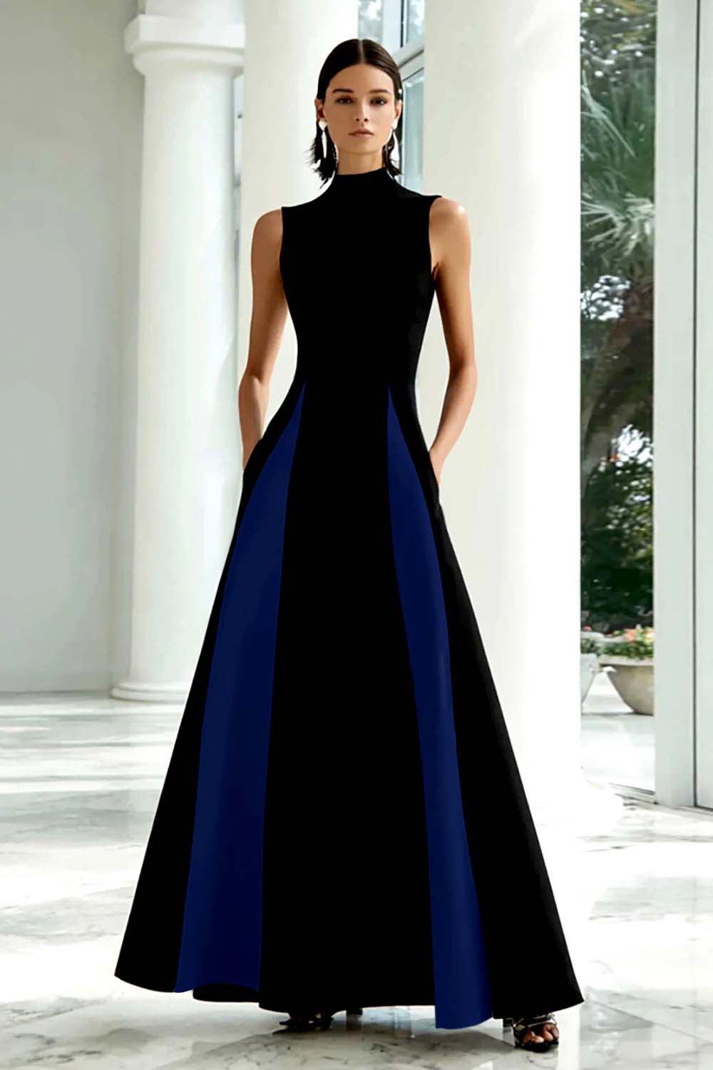 Plus Size Black And White A-Line High Neck Long Satin Prom Dress