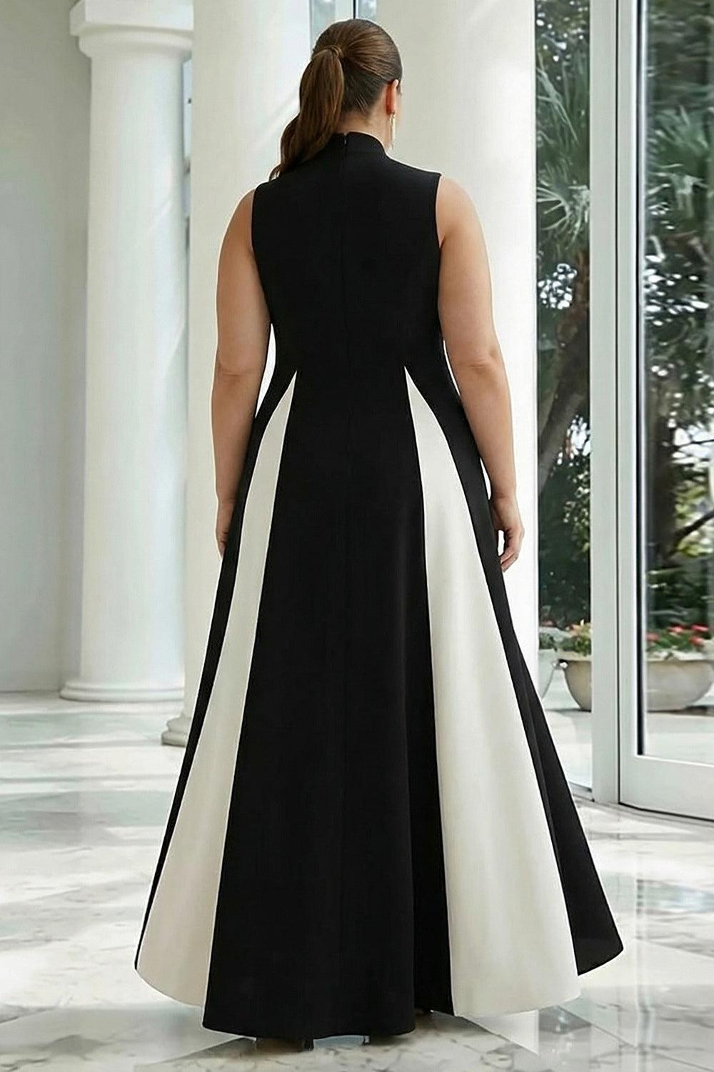 Plus Size Black And White A-Line High Neck Long Satin Prom Dress