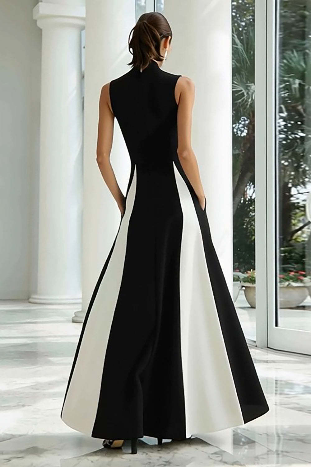 Plus Size Black And White A-Line High Neck Long Satin Prom Dress