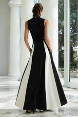 Plus Size Black And White A-Line High Neck Long Satin Prom Dress