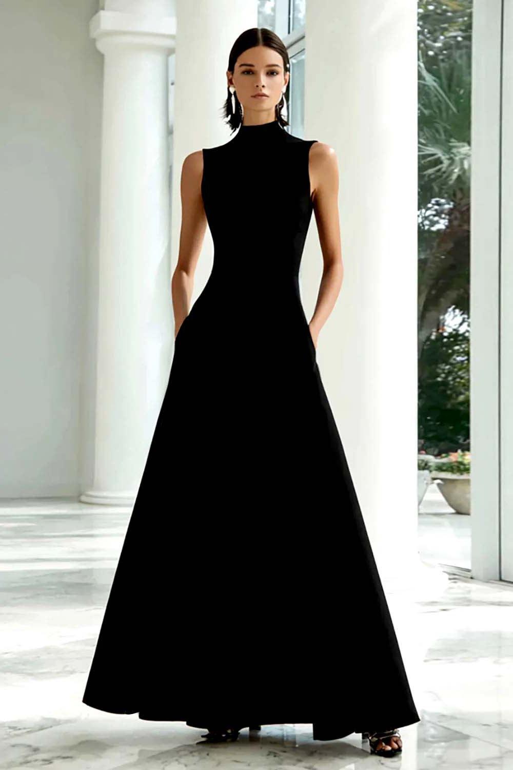 Plus Size Black And White A-Line High Neck Long Satin Prom Dress