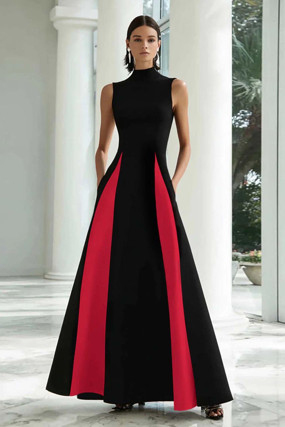 Plus Size Black And White A-Line High Neck Long Satin Prom Dress