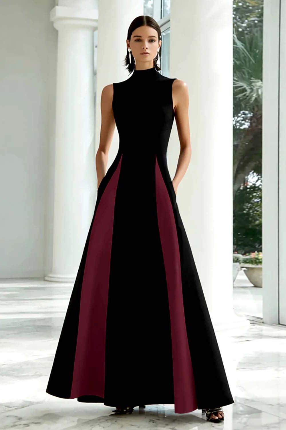 Plus Size Black And White A-Line High Neck Long Satin Prom Dress