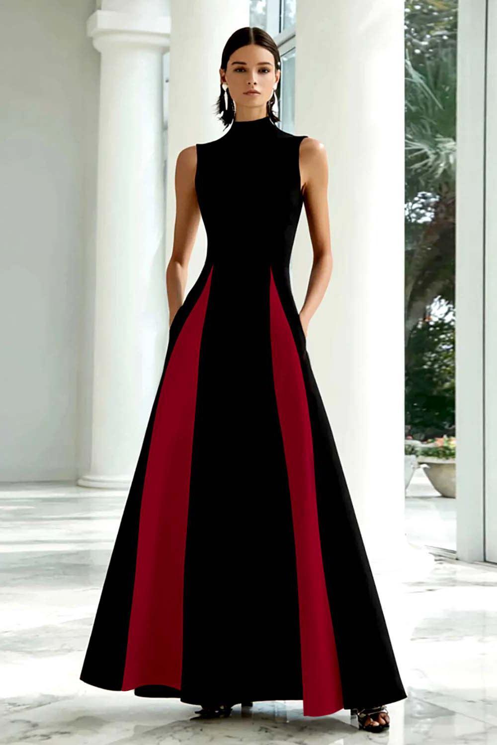Plus Size Black And White A-Line High Neck Long Satin Prom Dress