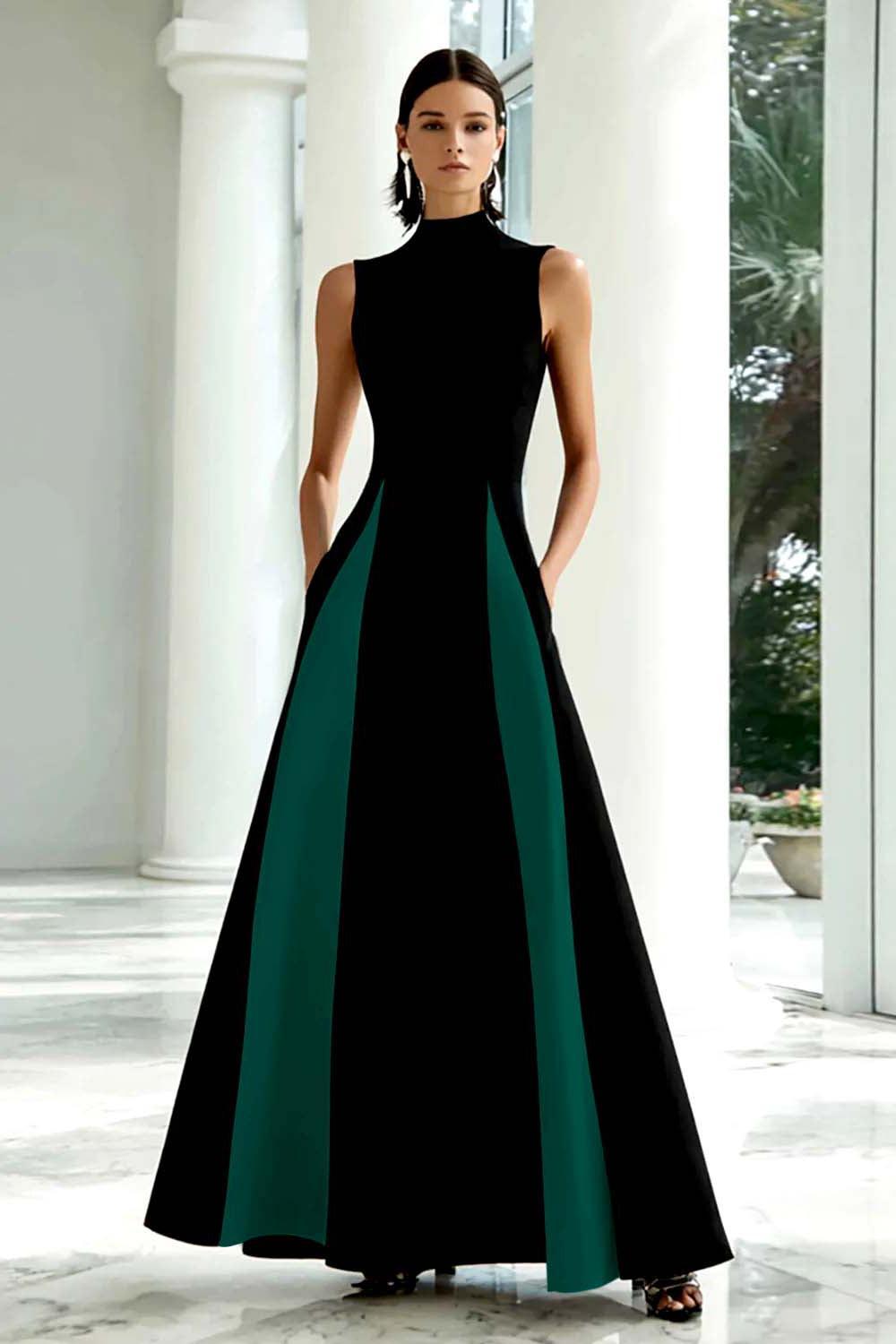 Plus Size Black And White A-Line High Neck Long Satin Prom Dress