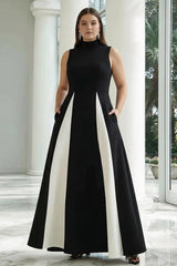 Plus Size Black And White A-Line High Neck Long Satin Prom Dress