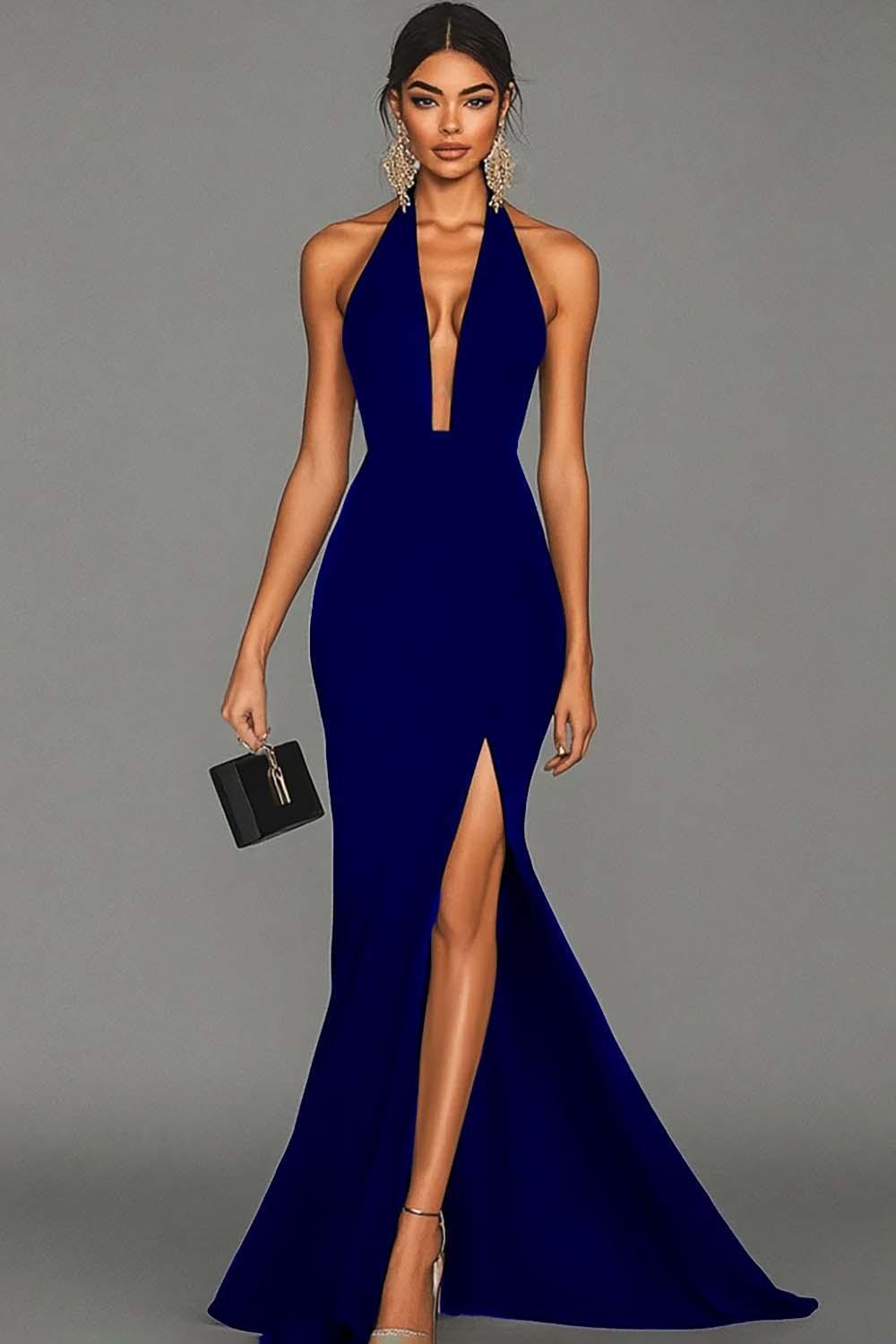 Plus Size Black Mermaid Halter Long Prom Dress With Slit