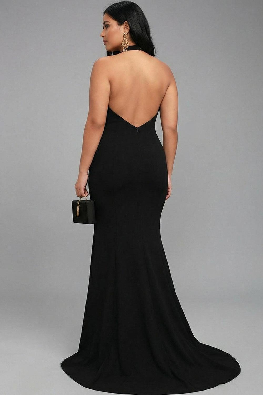 Plus Size Black Mermaid Halter Long Prom Dress With Slit