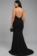 Plus Size Black Mermaid Halter Long Prom Dress With Slit