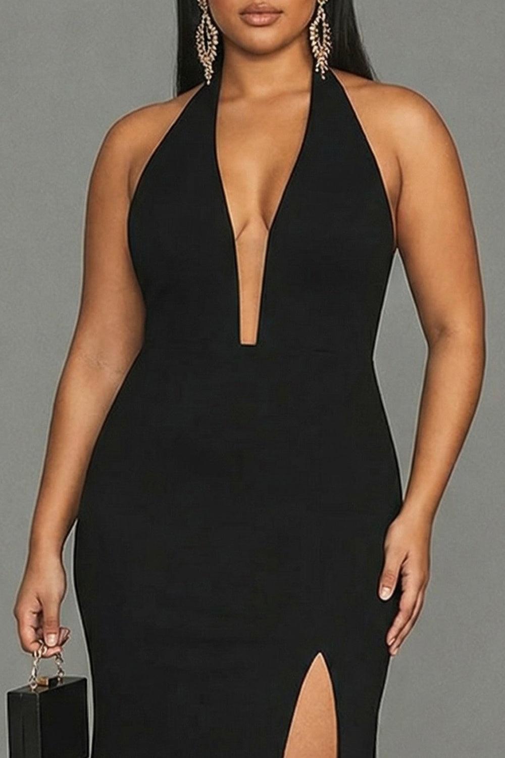 Plus Size Black Mermaid Halter Long Prom Dress With Slit