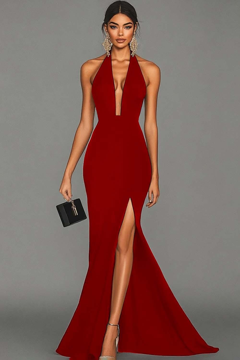 Plus Size Black Mermaid Halter Long Prom Dress With Slit