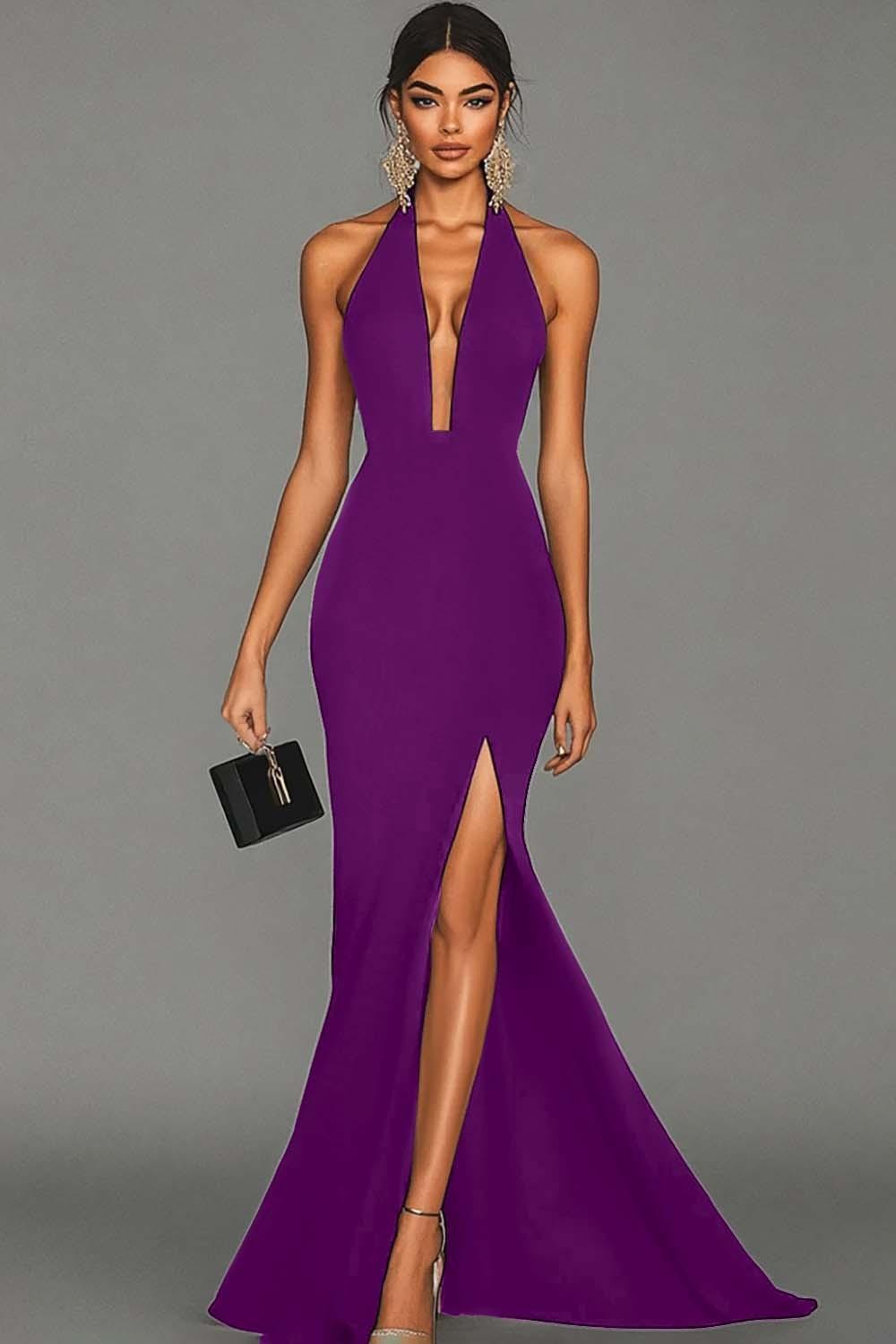 Plus Size Black Mermaid Halter Long Prom Dress With Slit