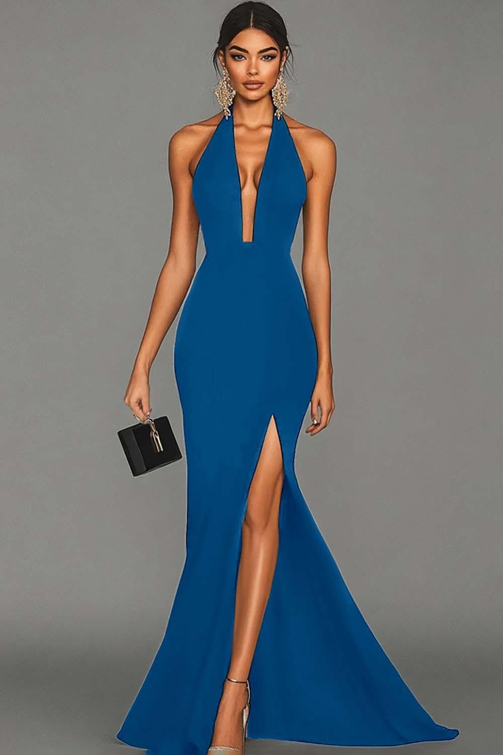Plus Size Black Mermaid Halter Long Prom Dress With Slit