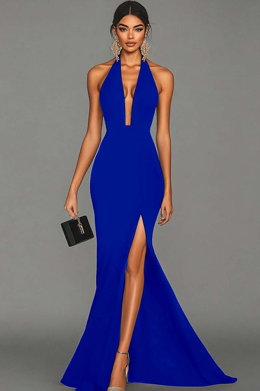 Plus Size Black Mermaid Halter Long Prom Dress With Slit