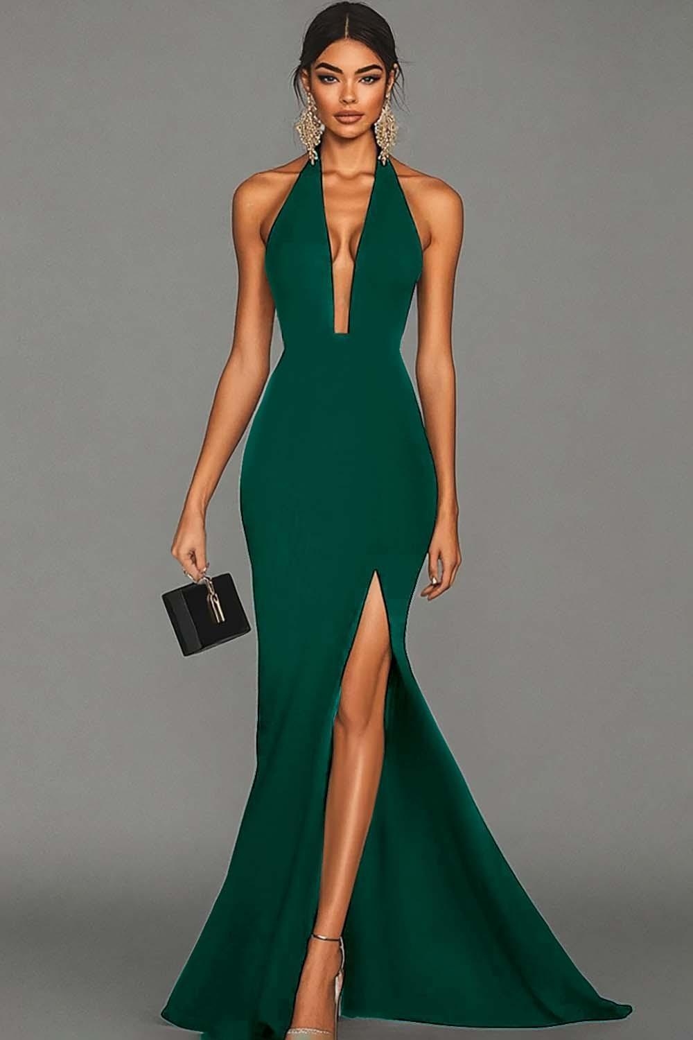 Plus Size Black Mermaid Halter Long Prom Dress With Slit