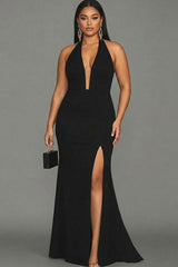 Plus Size Black Mermaid Halter Long Prom Dress With Slit