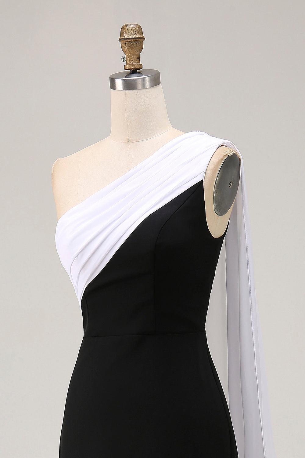 Plus Size Black White Sheath One Shoulder Long Satin Prom Dress With Side Cape