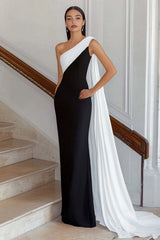 Plus Size Black White Sheath One Shoulder Long Satin Prom Dress With Side Cape