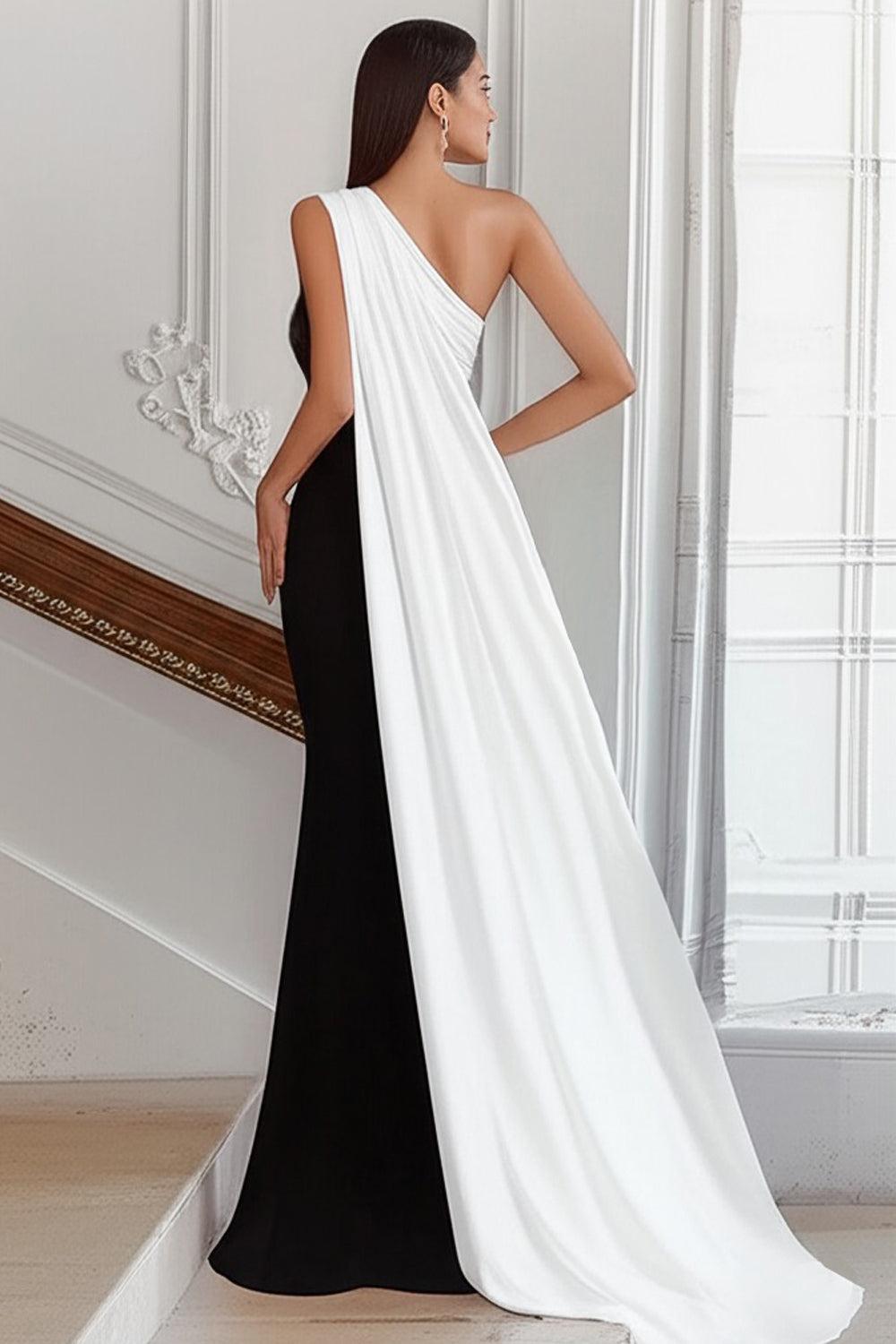 Plus Size Black White Sheath One Shoulder Long Satin Prom Dress With Side Cape