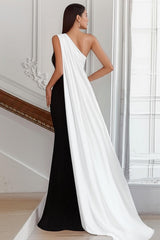 Plus Size Black White Sheath One Shoulder Long Satin Prom Dress With Side Cape