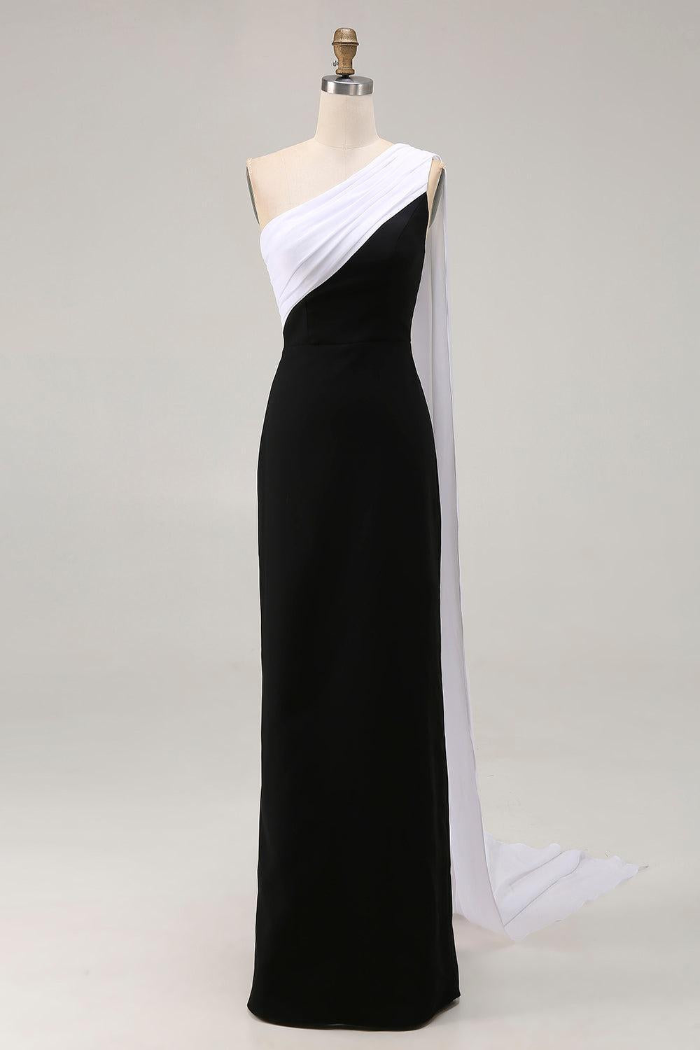 Plus Size Black White Sheath One Shoulder Long Satin Prom Dress With Side Cape