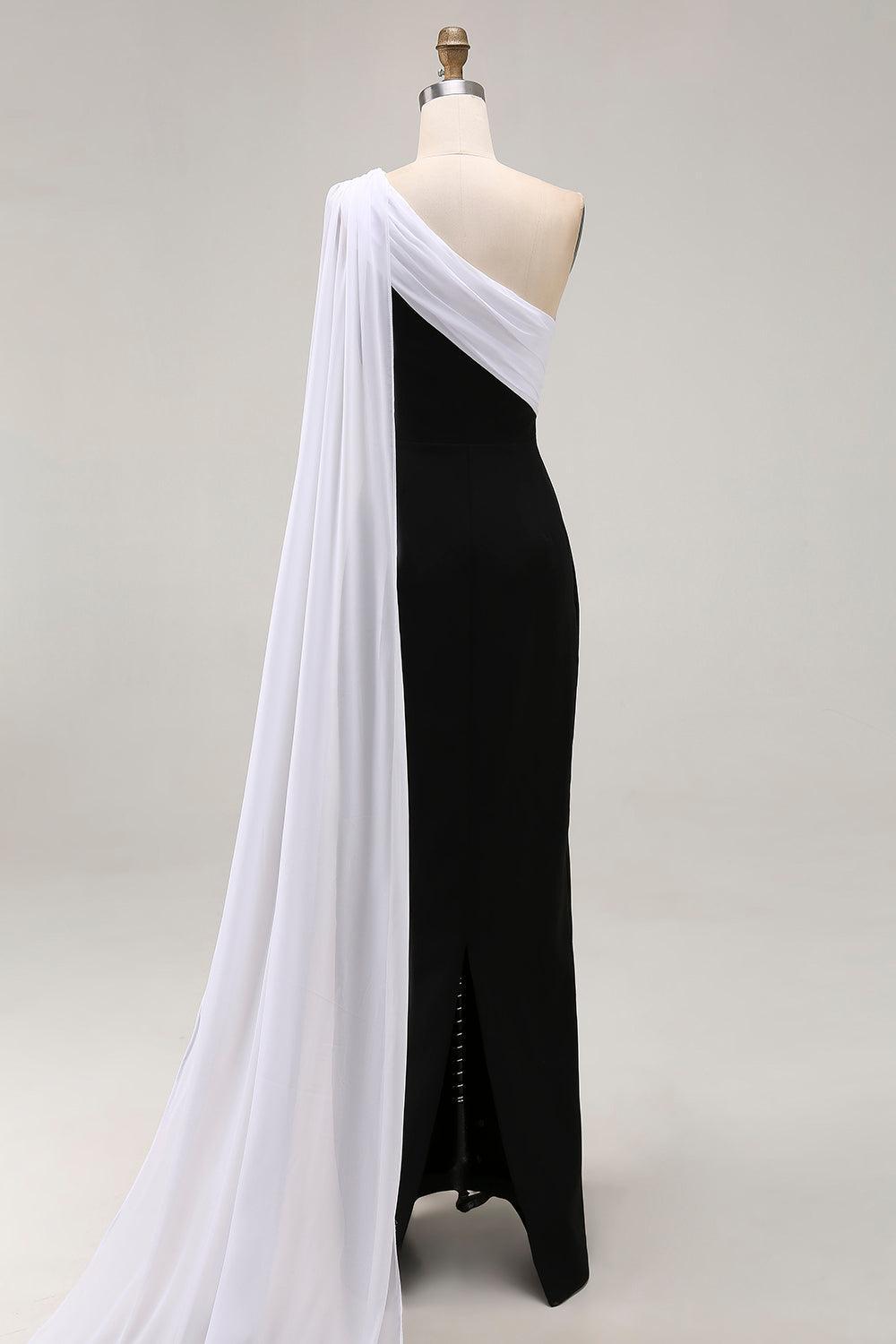 Plus Size Black White Sheath One Shoulder Long Satin Prom Dress With Side Cape