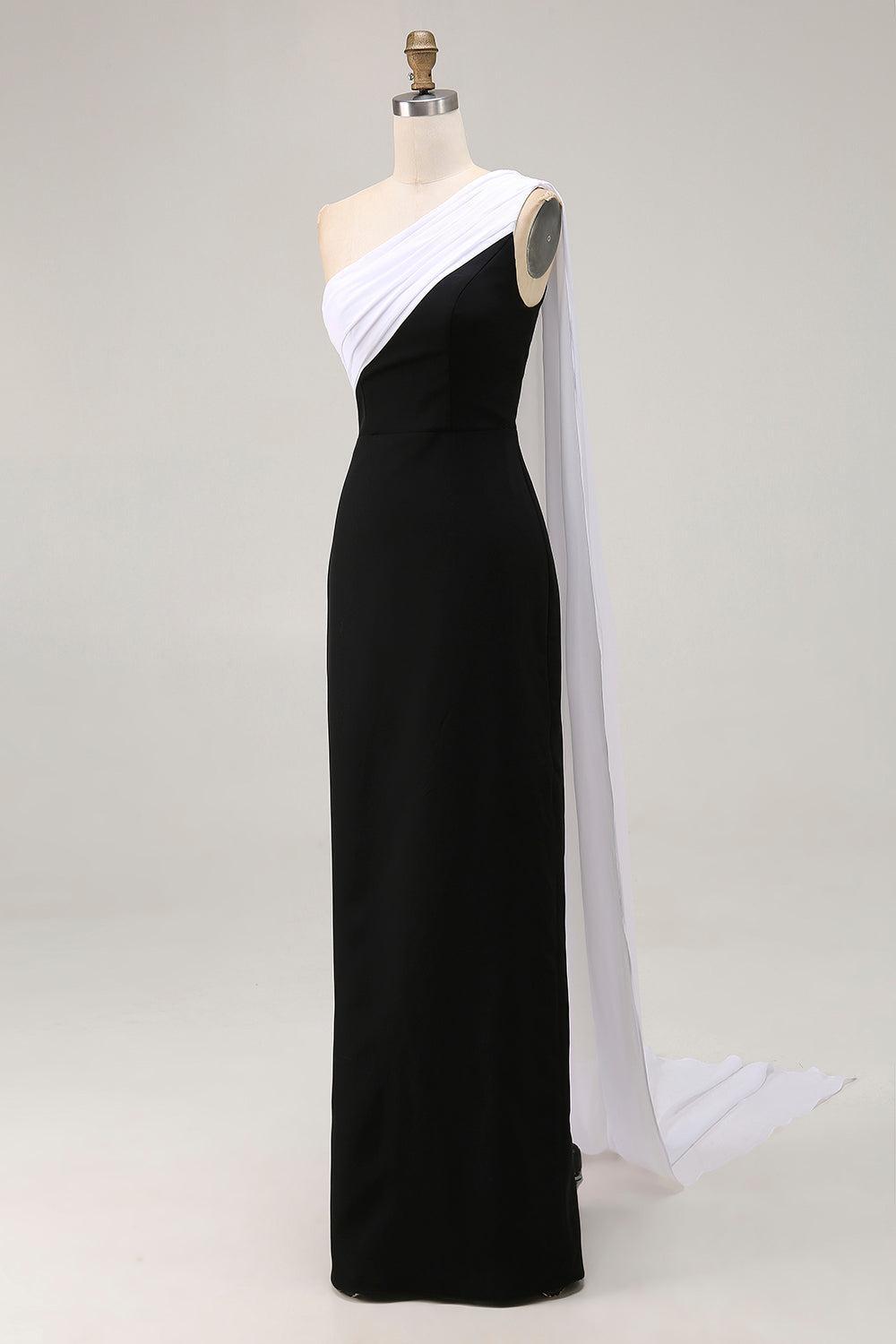 Plus Size Black White Sheath One Shoulder Long Satin Prom Dress With Side Cape