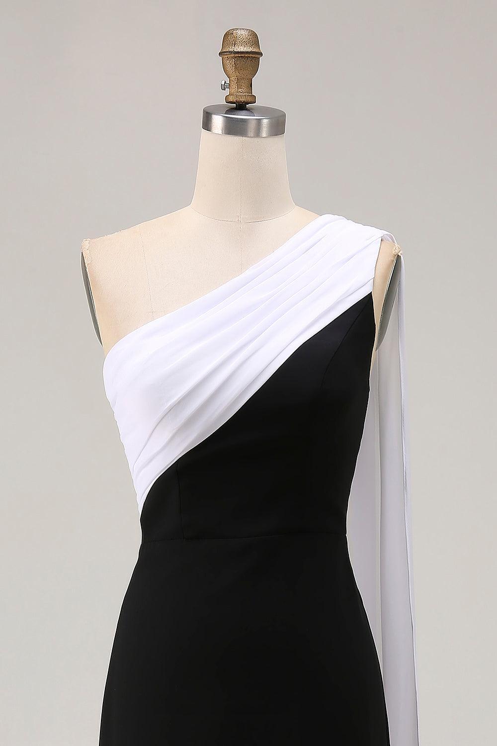 Plus Size Black White Sheath One Shoulder Long Satin Prom Dress With Side Cape