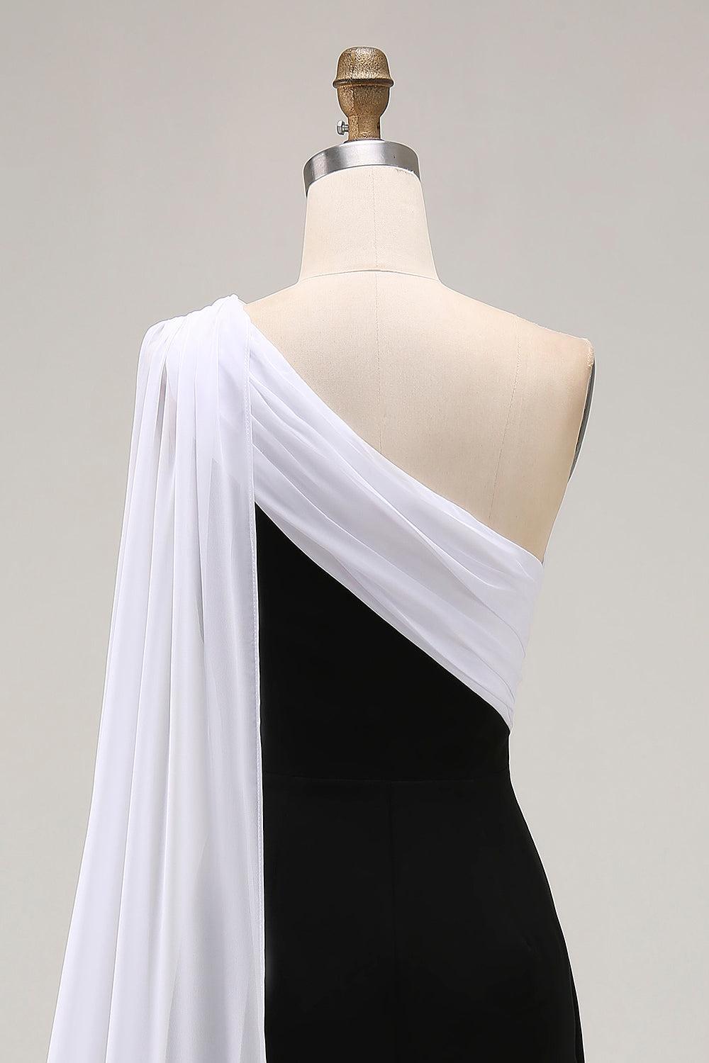 Plus Size Black White Sheath One Shoulder Long Satin Prom Dress With Side Cape