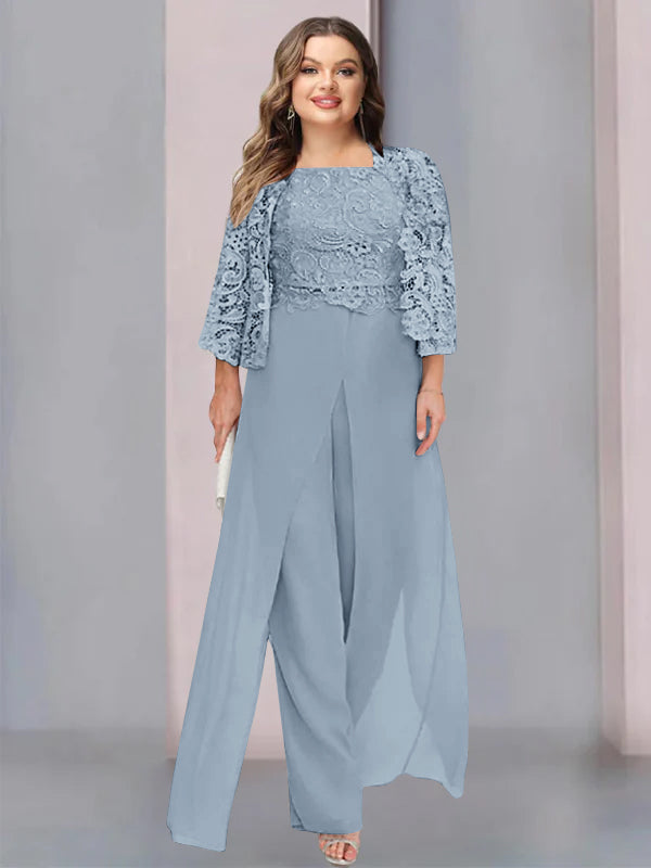 Plus Size Floor-Length Chiffon Pantsuit for the Mother of the Bride with Square Neck and Side Split