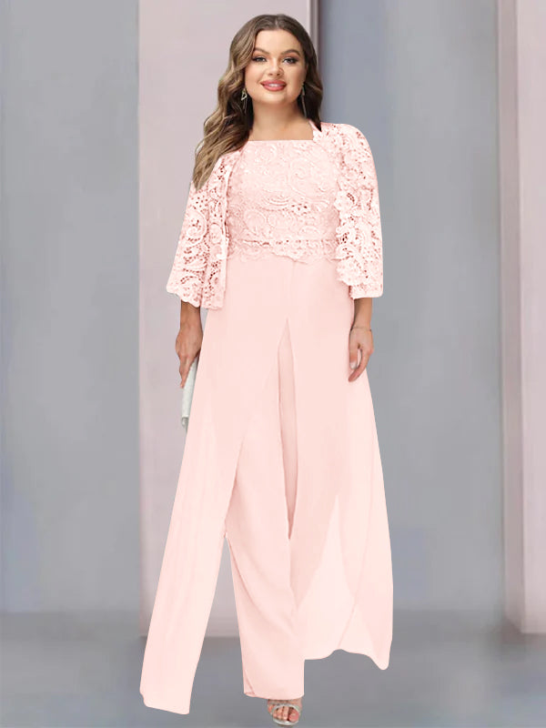 Plus Size Floor-Length Chiffon Pantsuit for the Mother of the Bride with Square Neck and Side Split