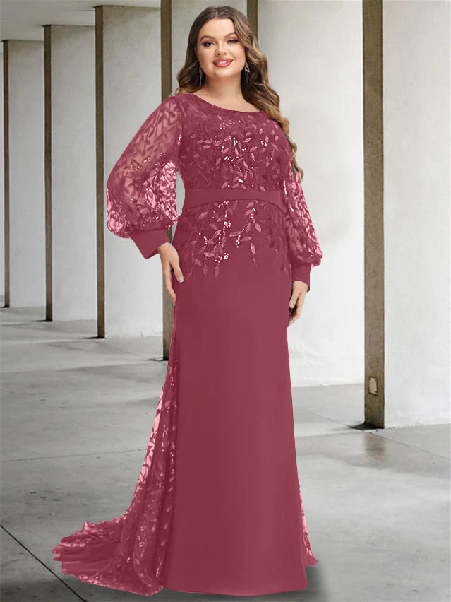 Plus Size Floor-Length Mermaid/Trumpet Mother of the Bride Dress with Scoop Neck and Long Sequined Sleeves