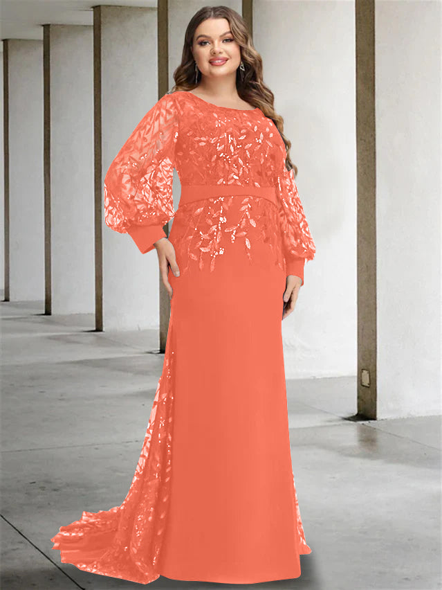 Plus Size Floor-Length Mermaid/Trumpet Mother of the Bride Dress with Scoop Neck and Long Sequined Sleeves