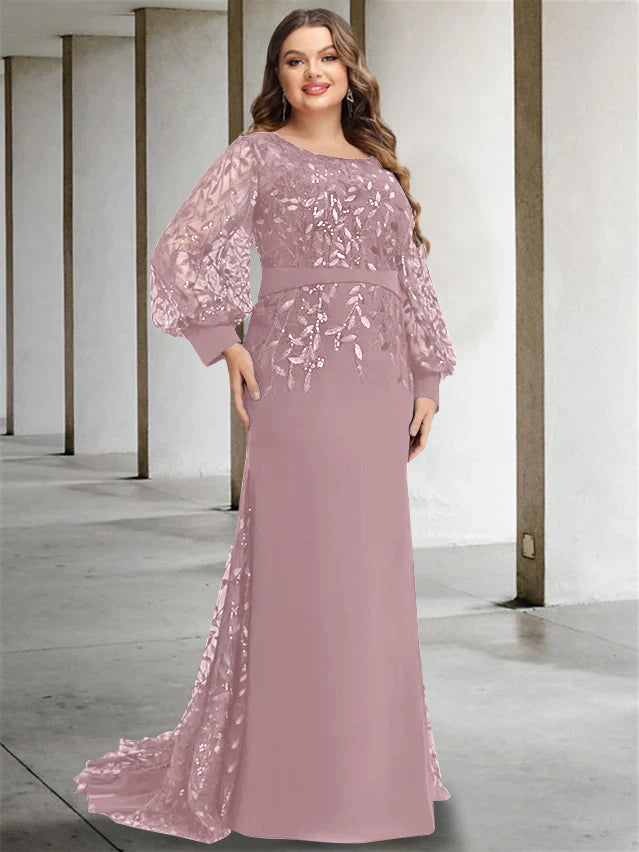 Plus Size Floor-Length Mermaid/Trumpet Mother of the Bride Dress with Scoop Neck and Long Sequined Sleeves