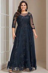 Plus Size Floor-Length Mother of the Bride A-Line Dress with 3/4 Sleeves and Sequins
