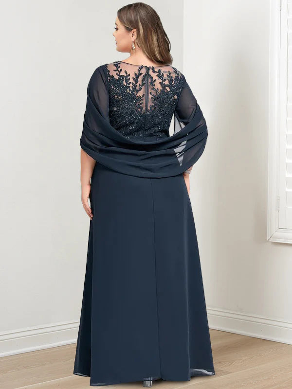 Plus Size Floor-Length Mother of the Bride A-Line Dress with Scoop Neckline Pleats and Sequins