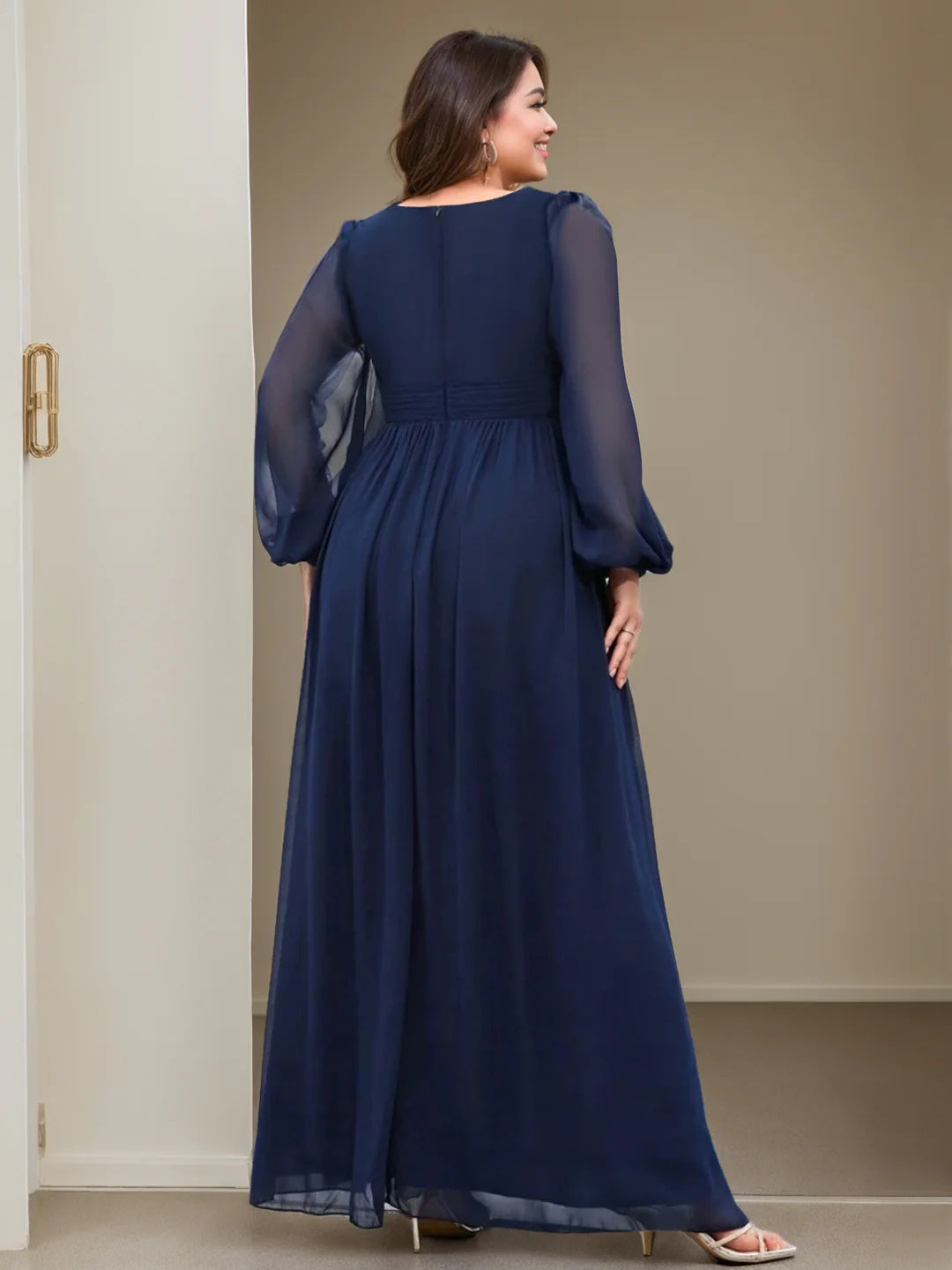 Plus Size Floor-Length Mother of the Bride A-Line Dress with V-Neck and Ruffled Long Sleeves