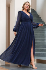 Plus Size Floor-Length Mother of the Bride A-Line Dress with V-Neck and Ruffled Long Sleeves