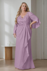 Plus Size Floor-Length V-Neck A-Line Mother of the Bride Dress with Ruffles and Long Sleeves